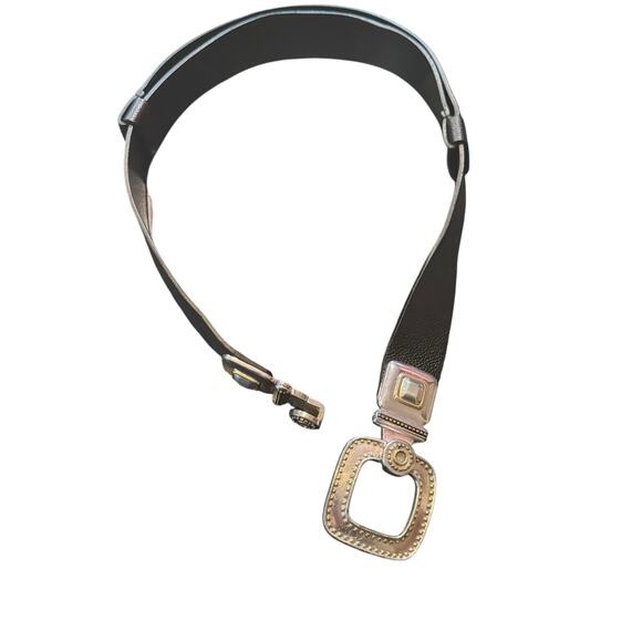 Chico's Silver Statement Belt Buckle Black Adjustable Leather M/L Belt - Picture 3 of 7